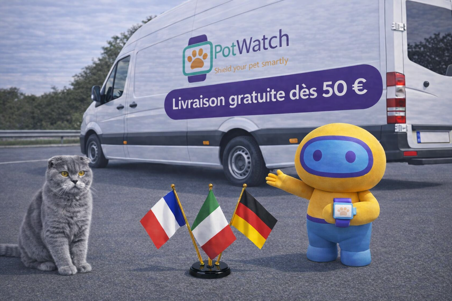 Image HD de Poti le bonhomme jaune, d'un chat et d'un fourgon dans le fond. drapeaux Français, italien e allemant, message livraison gratuite dès 50 euros
