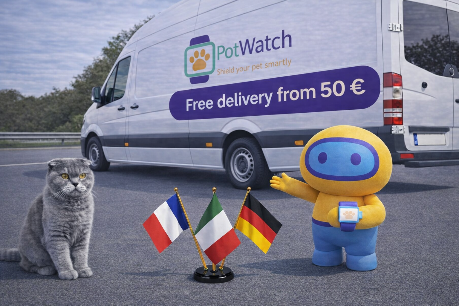 HD Image of Poti the yellow character, a cat, and a van in the background. French, Italian, and German flags, with a message about free shipping from 50 euros