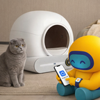 Poti, il personaggio giallo, utilizza l’app per monitorare la lettiera; il gatto lo osserva accanto