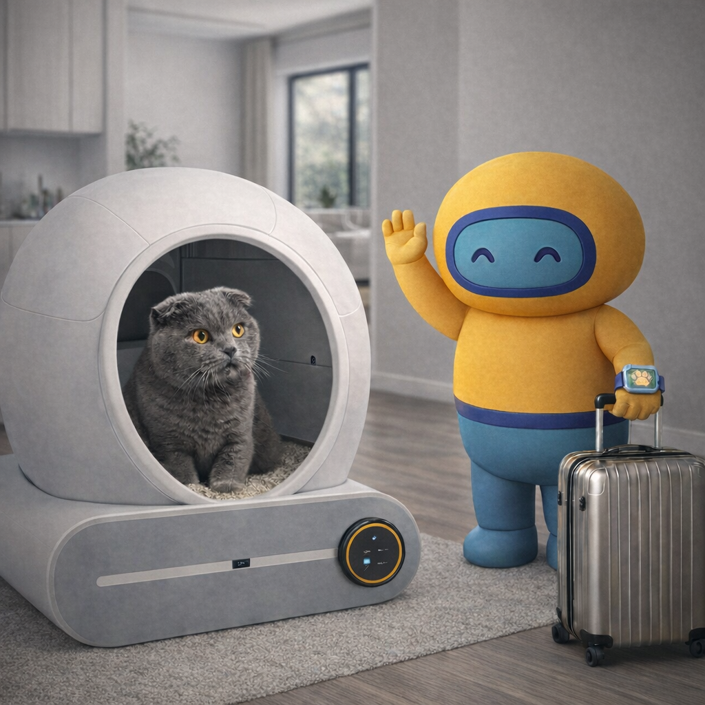 Gatto nella lettiera; Poti, il personaggio giallo, lo saluta mentre parte per le vacanze in totale serenità