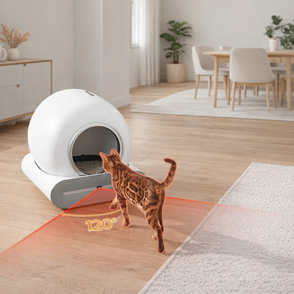 Illustrazione dell’angolo del sensore: il gatto entra nella lettiera e viene immediatamente riconosciuto dal sistema